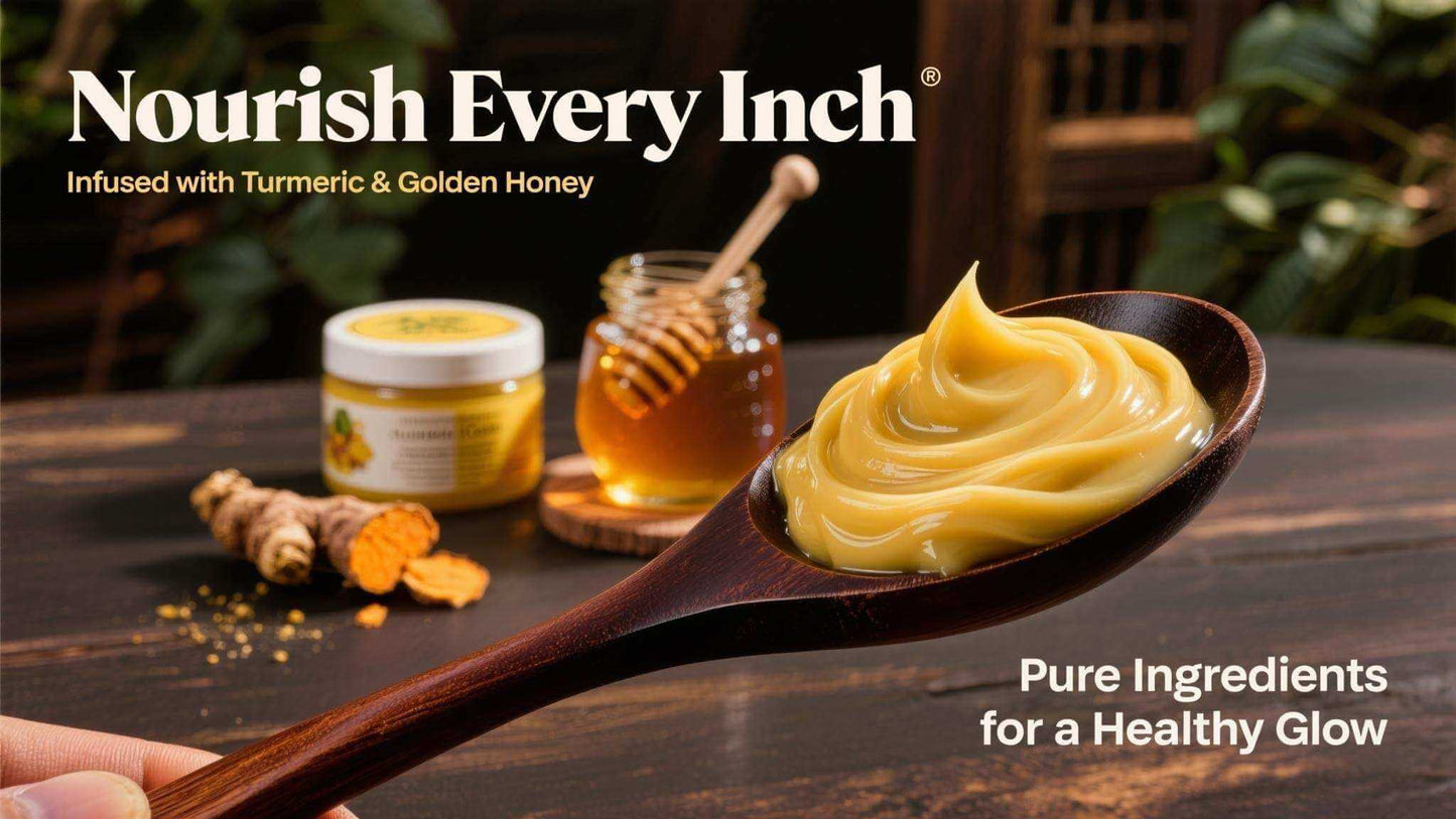 Golden Harmony Turmeric & Honey Conditioner creamy texture on wooden spoon with honey jar and turmeric roots background