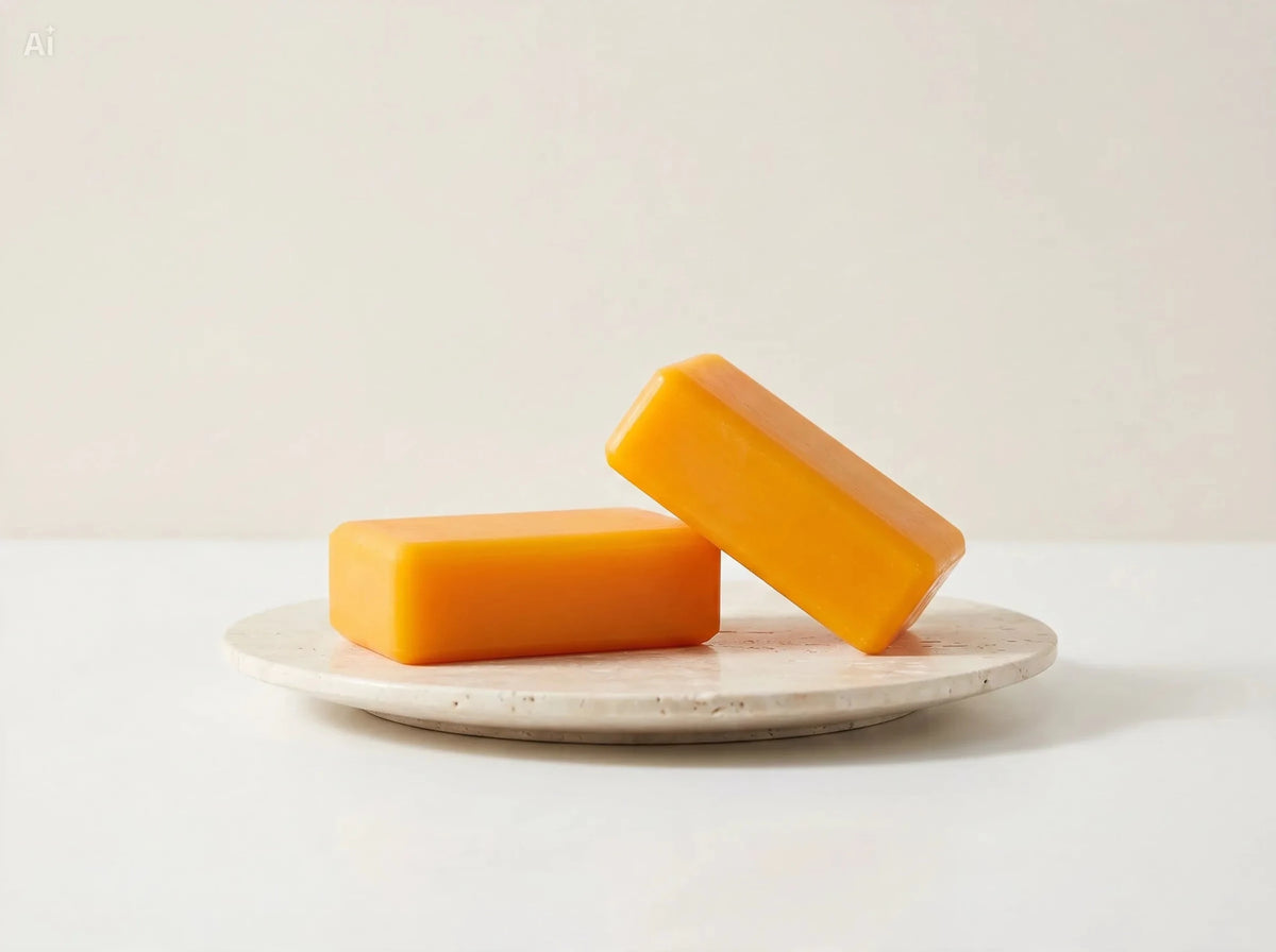 Unica Kojic Acid and Turmeric Soap Duo featuring two bars of bright yellow and white soap with herbal and skincare ingredients