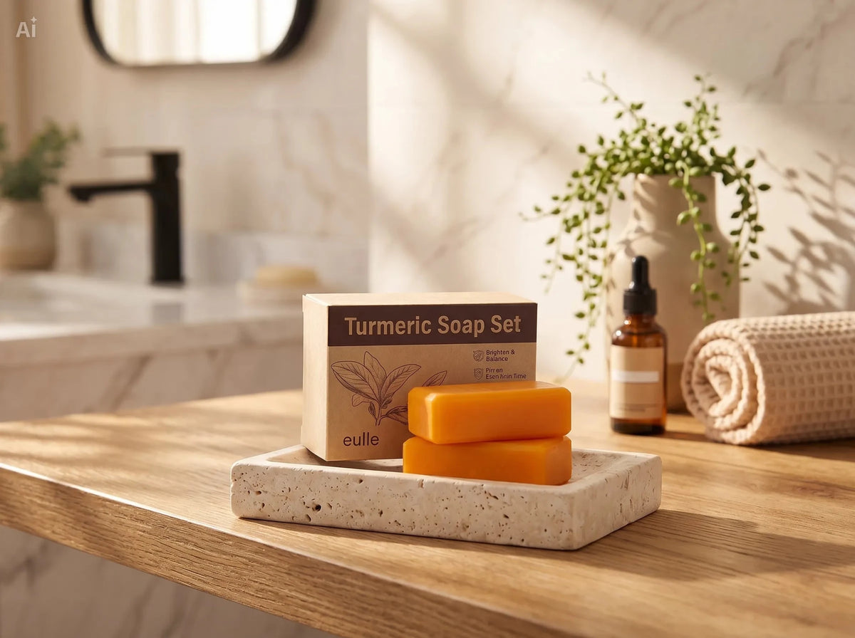 Unica Kojic Acid and Turmeric Soap Duo in warm lighting, showcasing two bars of soap with natural turmeric and kojic acid ingredients.