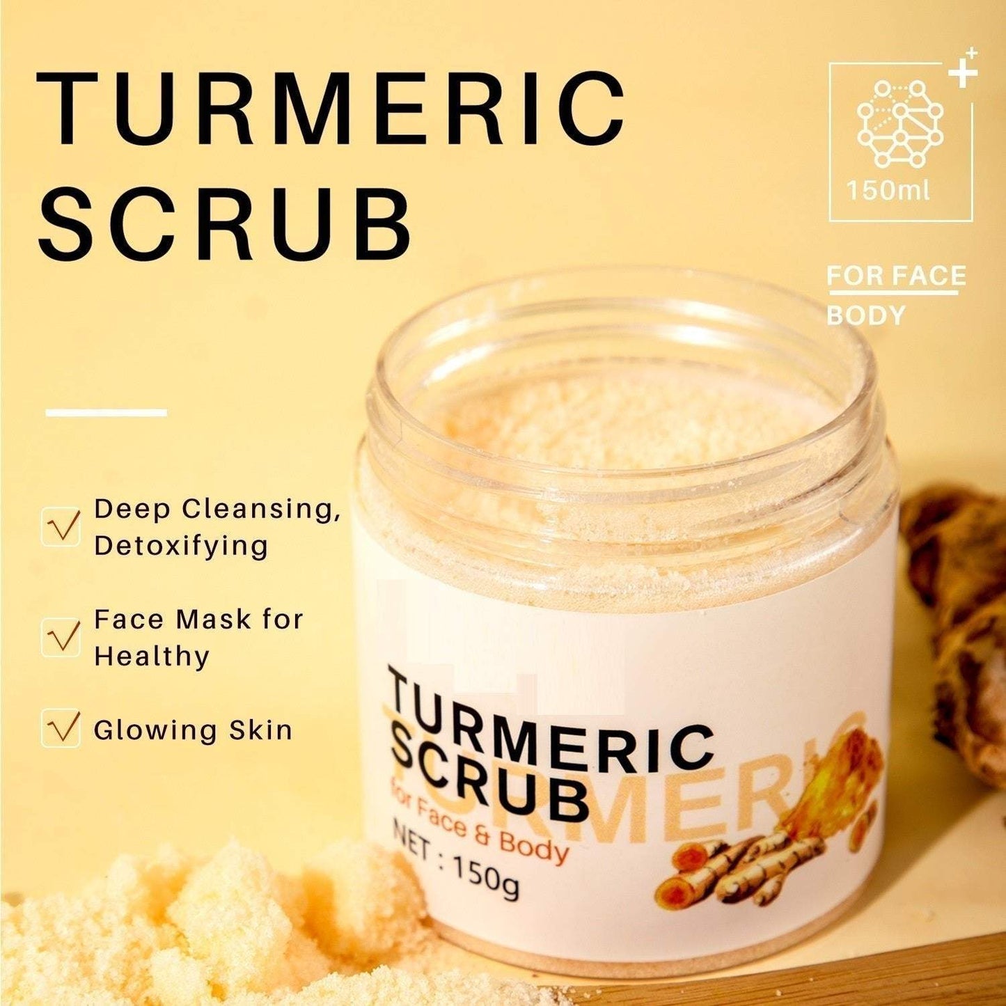 Golden Glow Turmeric Body Scrub jar for face and body with exfoliating turmeric scrub for glowing skin and deep cleansing