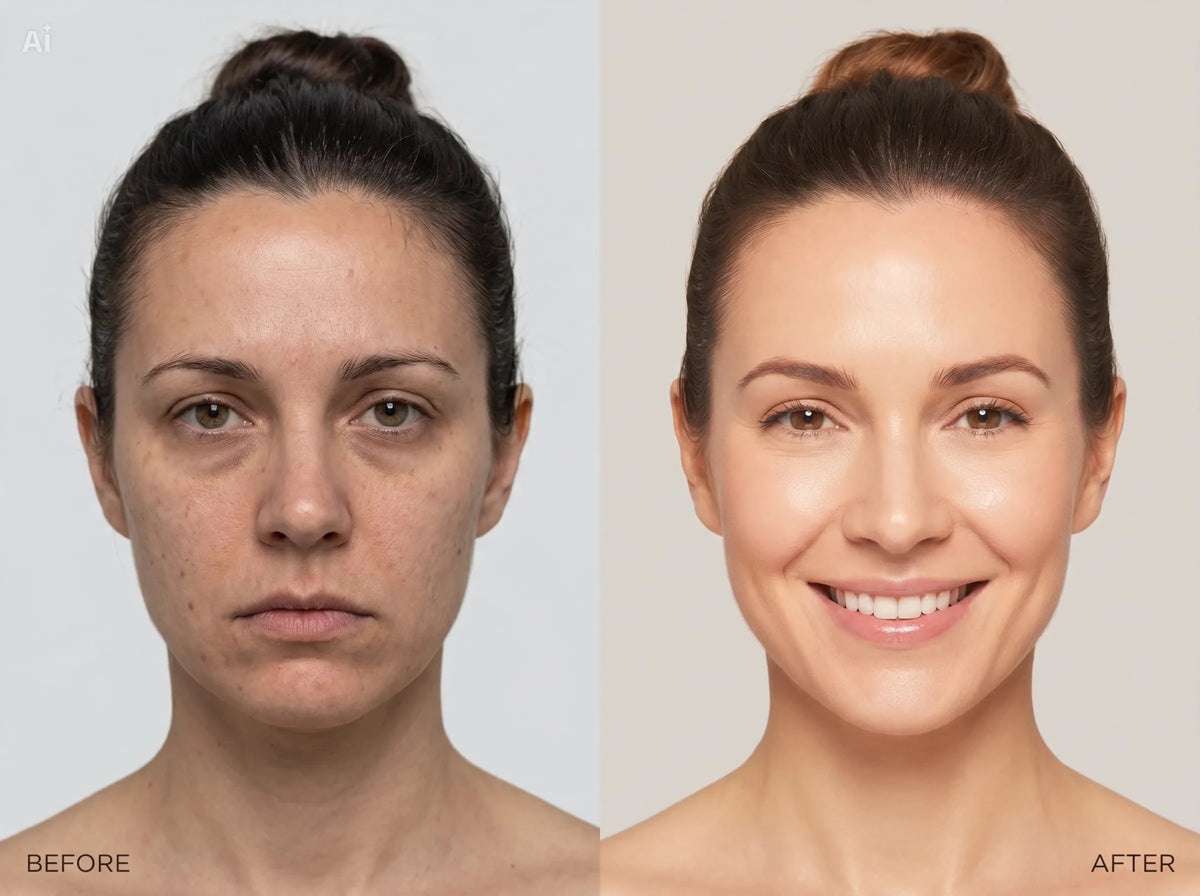 Unica Kojic Acid & Turmeric Soap Duo showing before and after skin brightening results with smiling faces.