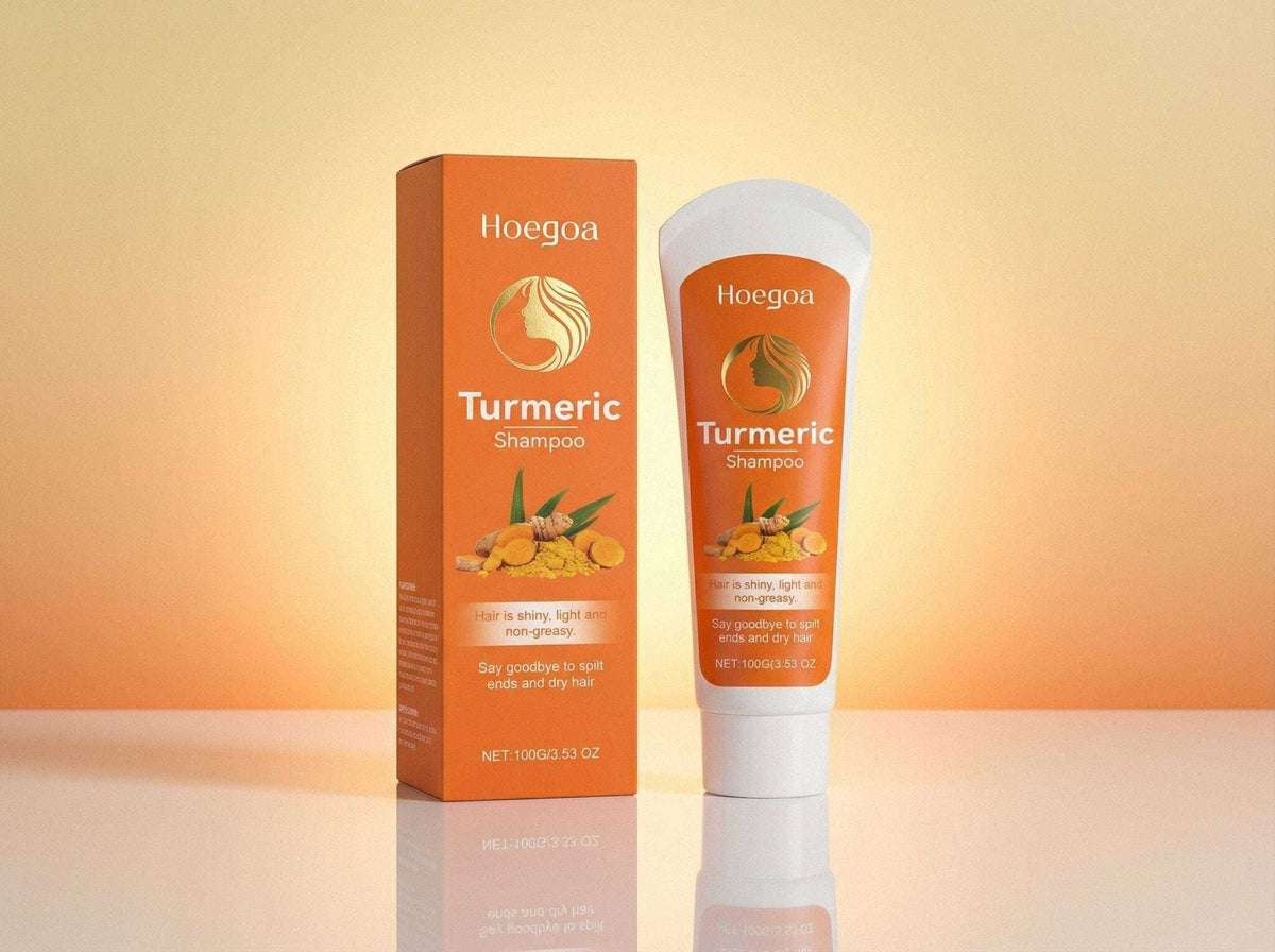 Golden Vitality Turmeric & Herbal Shampoo tube and box with turmeric on orange background