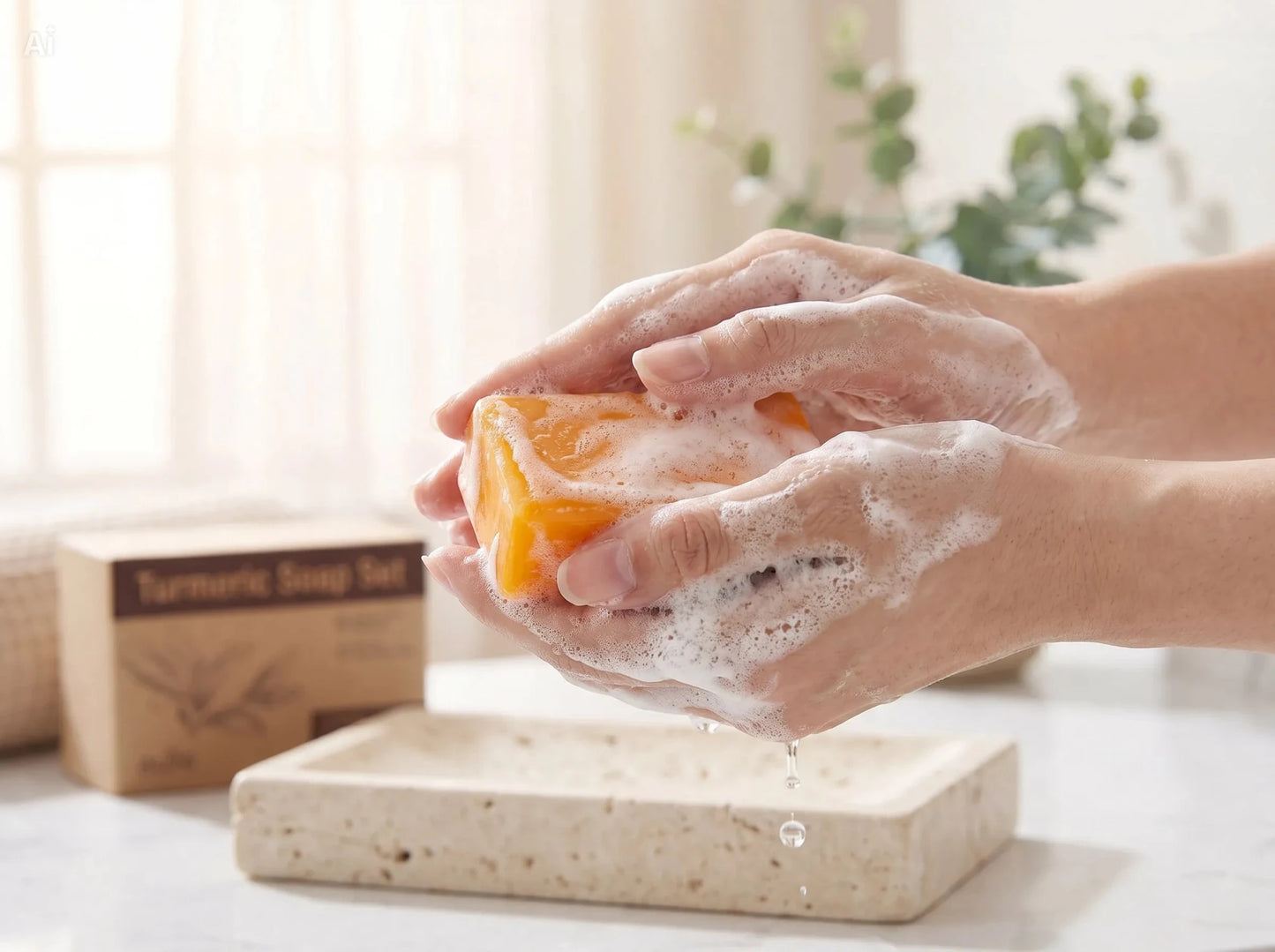 Unica Kojic Acid and Turmeric Soap Duo lathering in hand, showcasing bright, cleansing soap bars for skin brightening.
