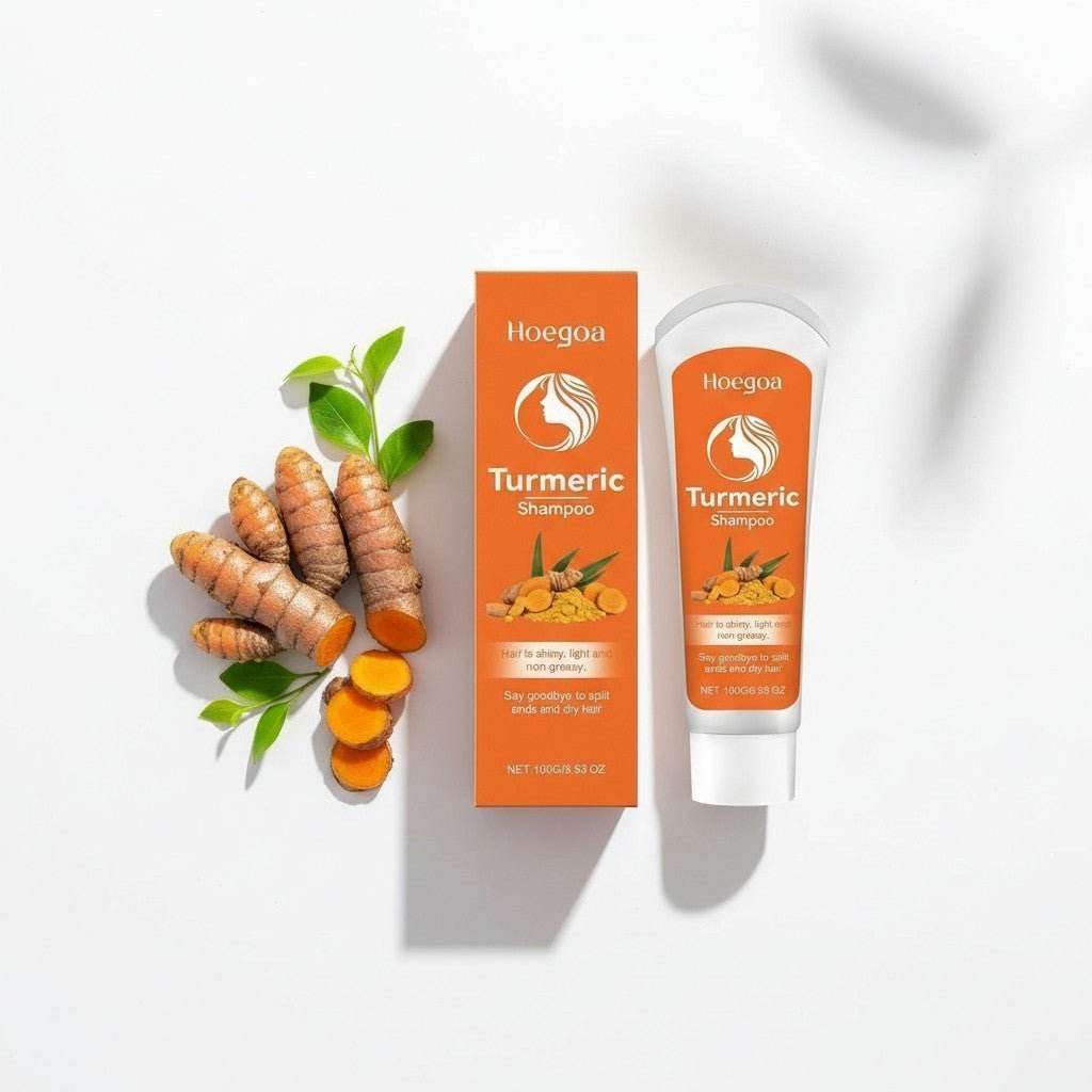 Golden Vitality Turmeric & Herbal Shampoo bottle and packaging with turmeric root on white background