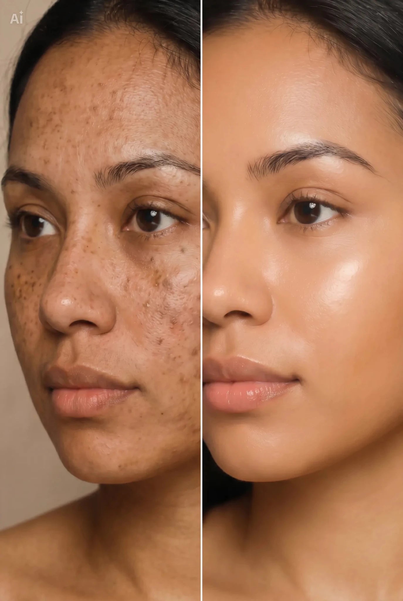 Before and after images showing face skin improvement with Unica Kojic Acid and Turmeric Soap Duo.