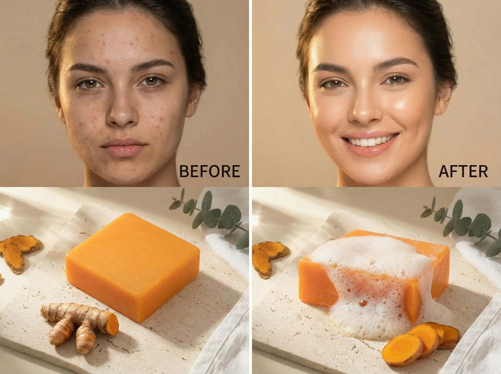 Golden Glow Turmeric Facial Soap with turmeric root before and after skin glow improvement