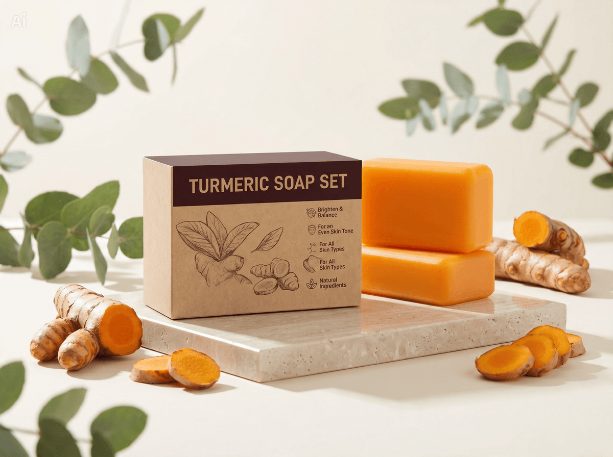 Unica Kojic Acid and Turmeric Soap Duo featuring two soap bars with natural ingredients for skin brightening and exfoliation.