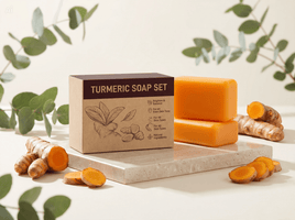 Unica Kojic Acid and Turmeric Soap Duo featuring two soap bars with natural ingredients for skin brightening and exfoliation.