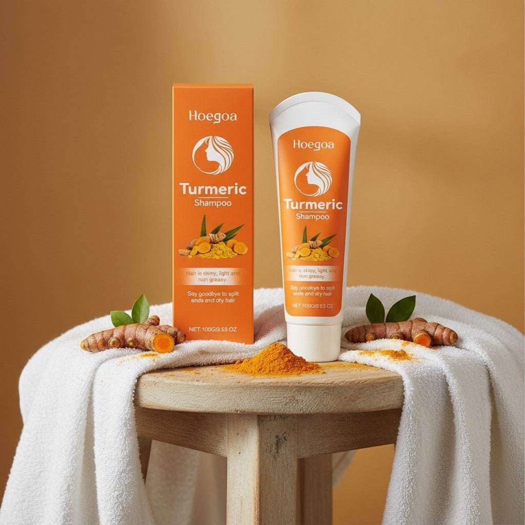 Golden Vitality Turmeric & Herbal Shampoo bottle and box with turmeric roots on wooden table