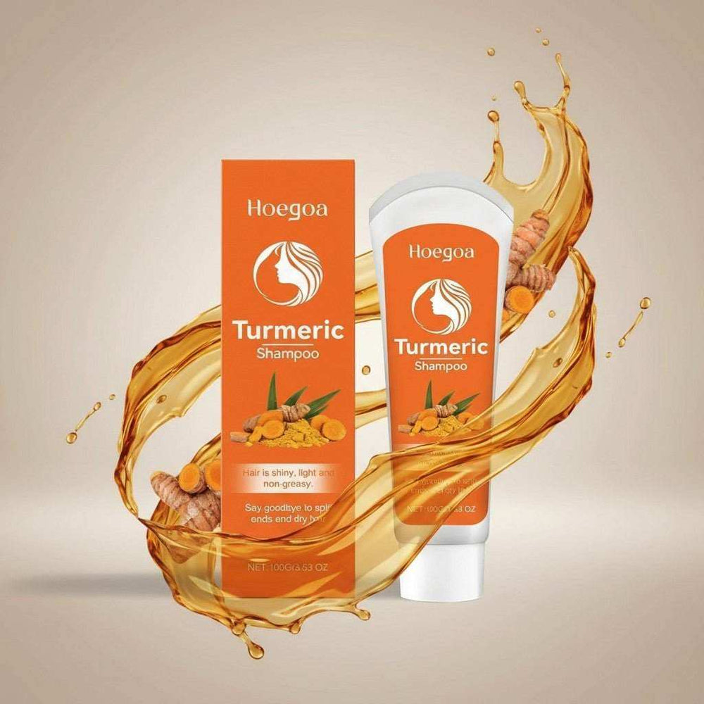Golden Vitality Turmeric & Herbal Shampoo bottle and box with turmeric roots and golden liquid splash background