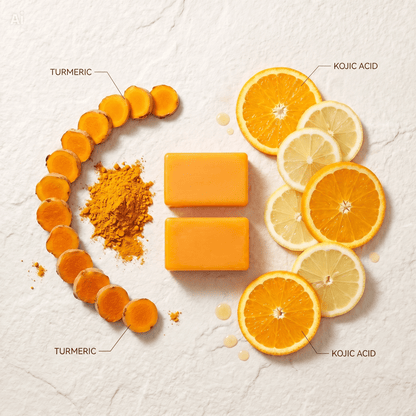Unica Kojic Acid and Turmeric Soap Duo with two soap bars featuring natural ingredients for skin brightening and cleansing.