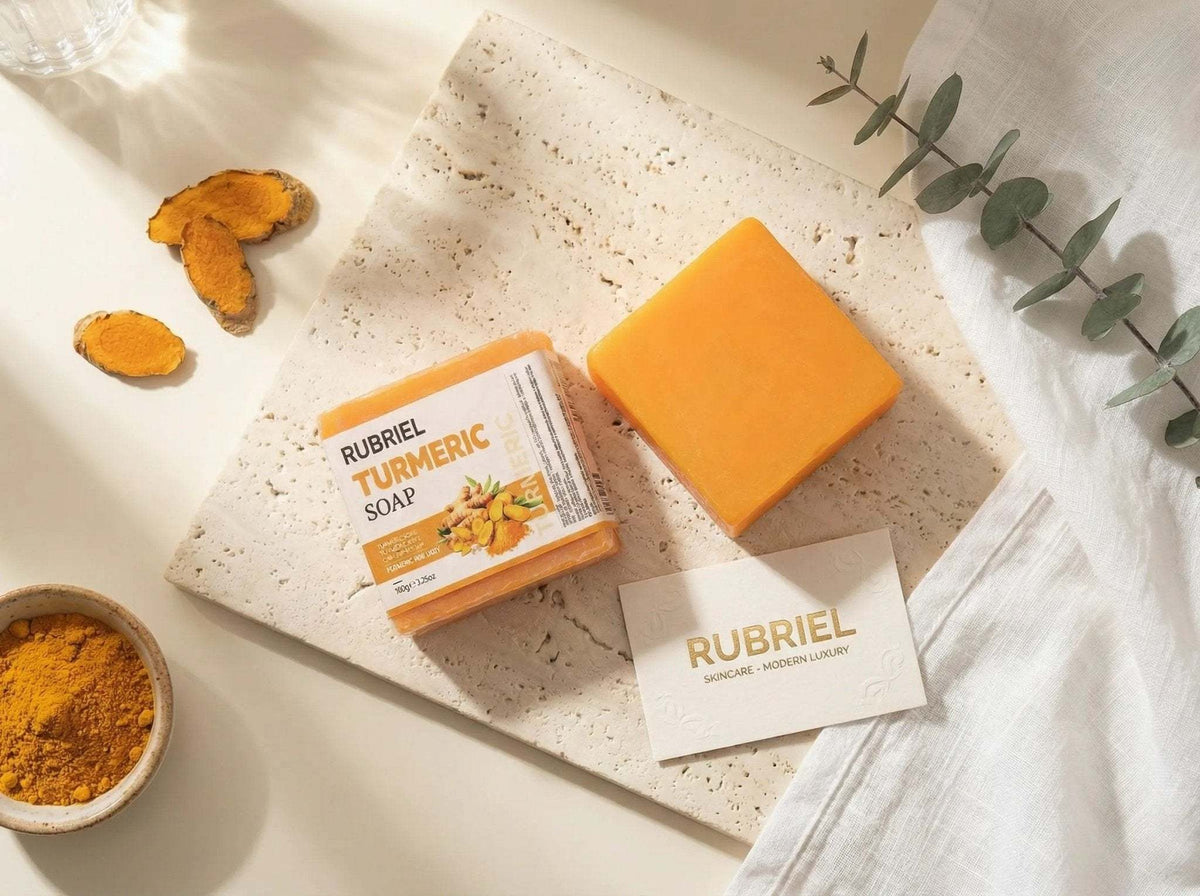Golden Glow Turmeric Facial Soap bar with natural turmeric and shea butter on a stone tray for brightening skincare
