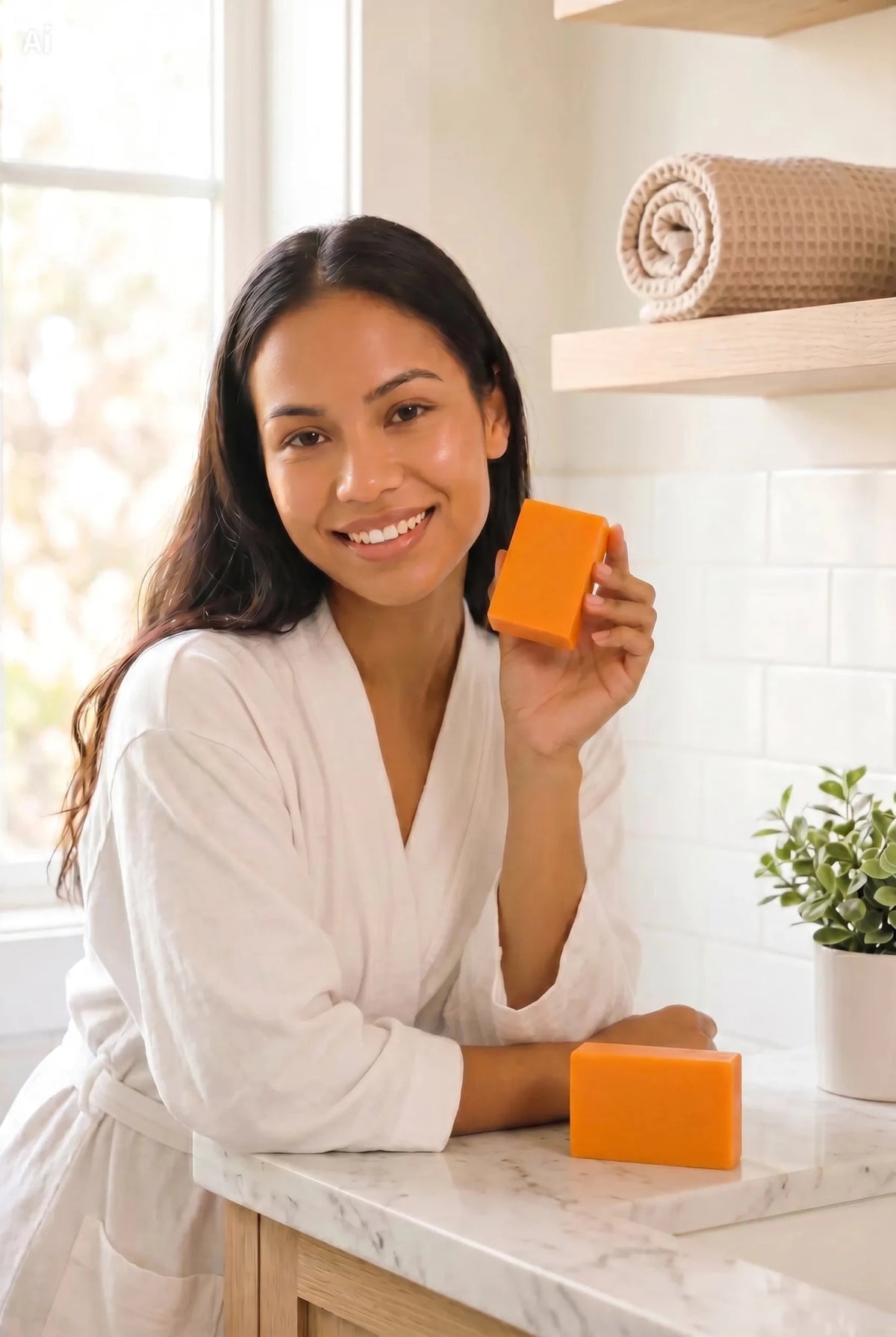 Model holding and displaying Unica Kojic Acid & Turmeric Soap Duo on a countertop, showcasing the soap bars and packaging.
