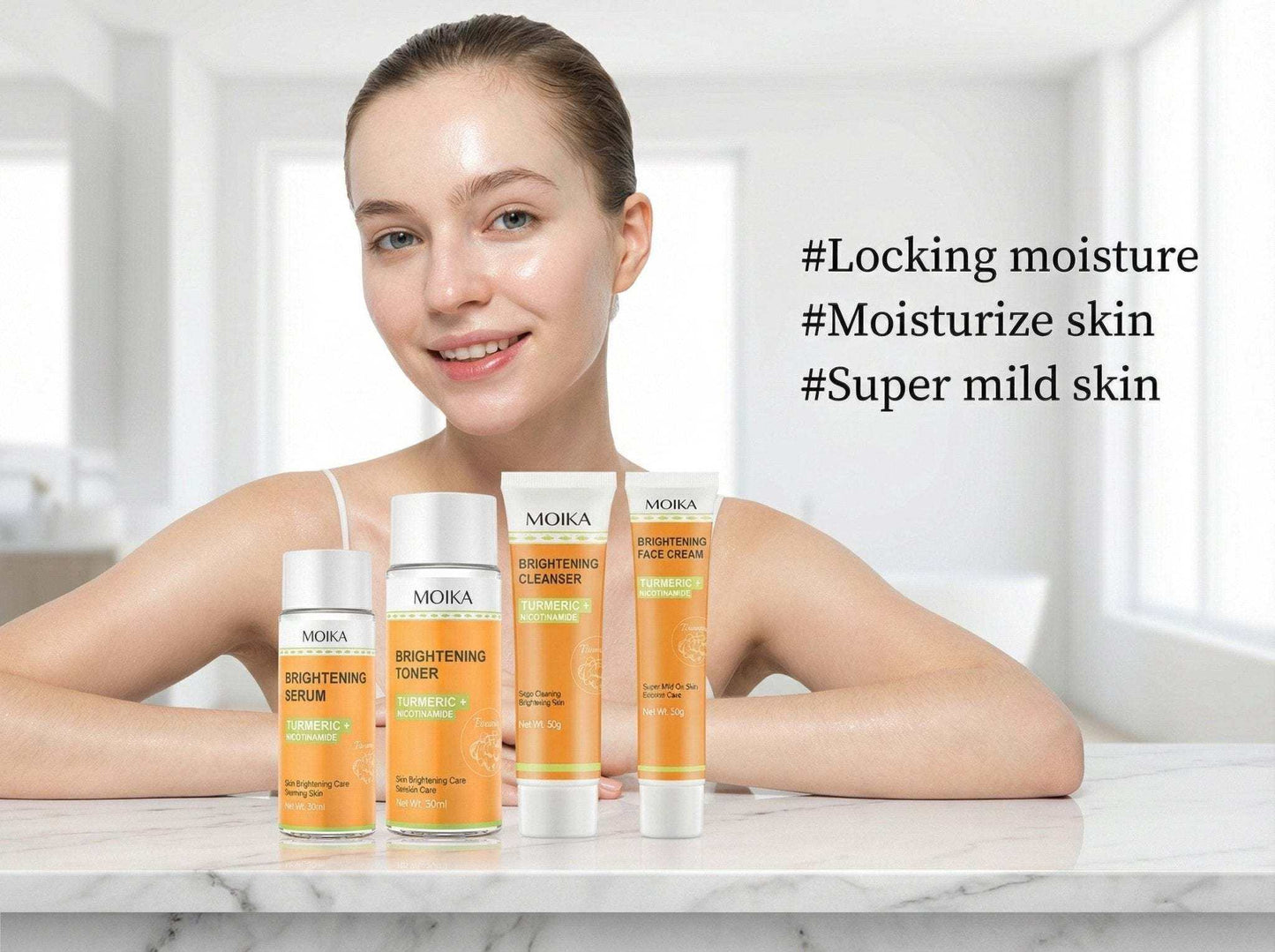 Turmeric & Niacinamide brightening skincare set with serum, toner, cleanser, and face cream displayed by smiling woman